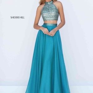 Sherri Hill Teal Two-piece Prom Dress